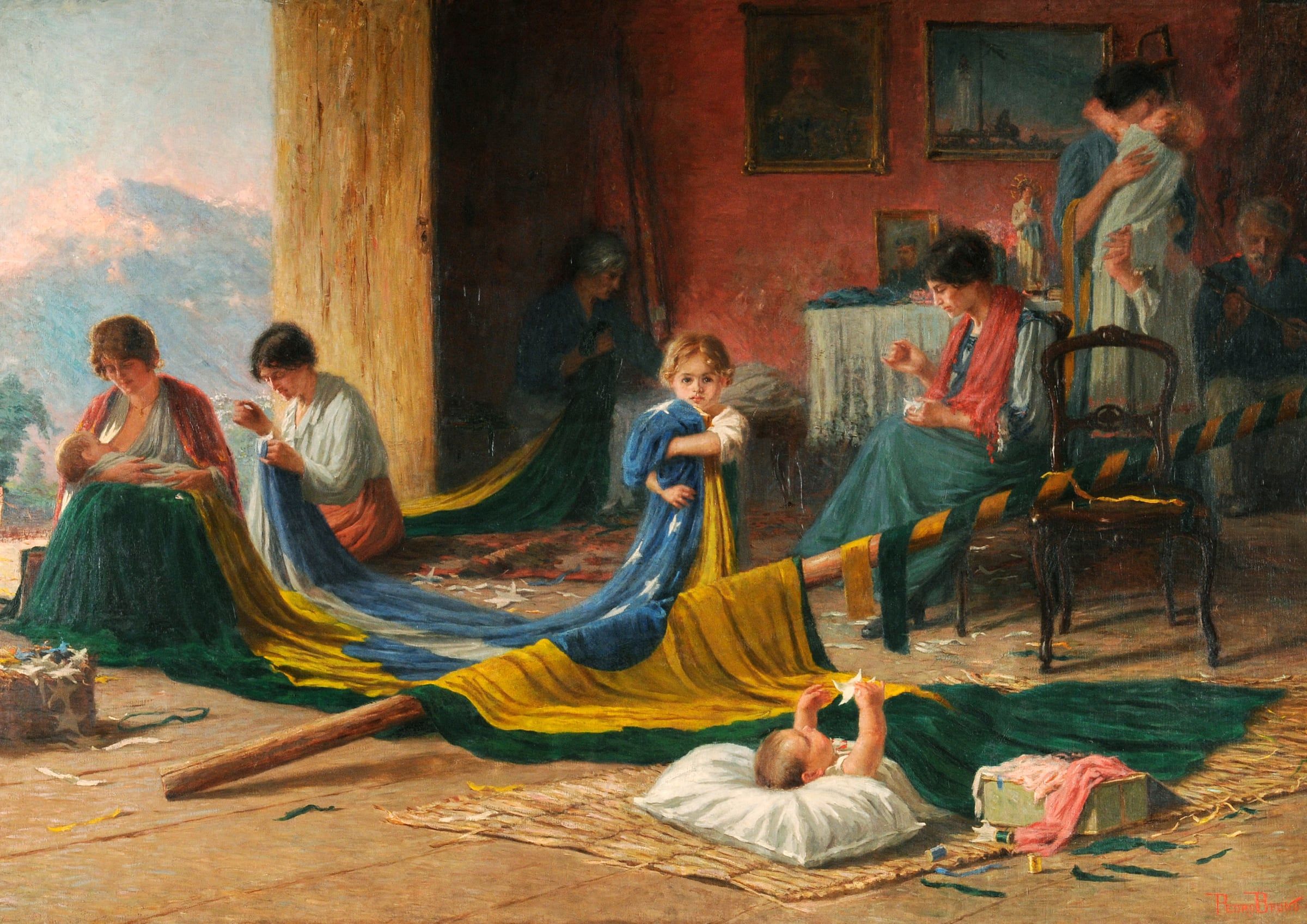 Pintura de mulheres e crianças costurando juntas a Bandeira do Brasil em uma sala.