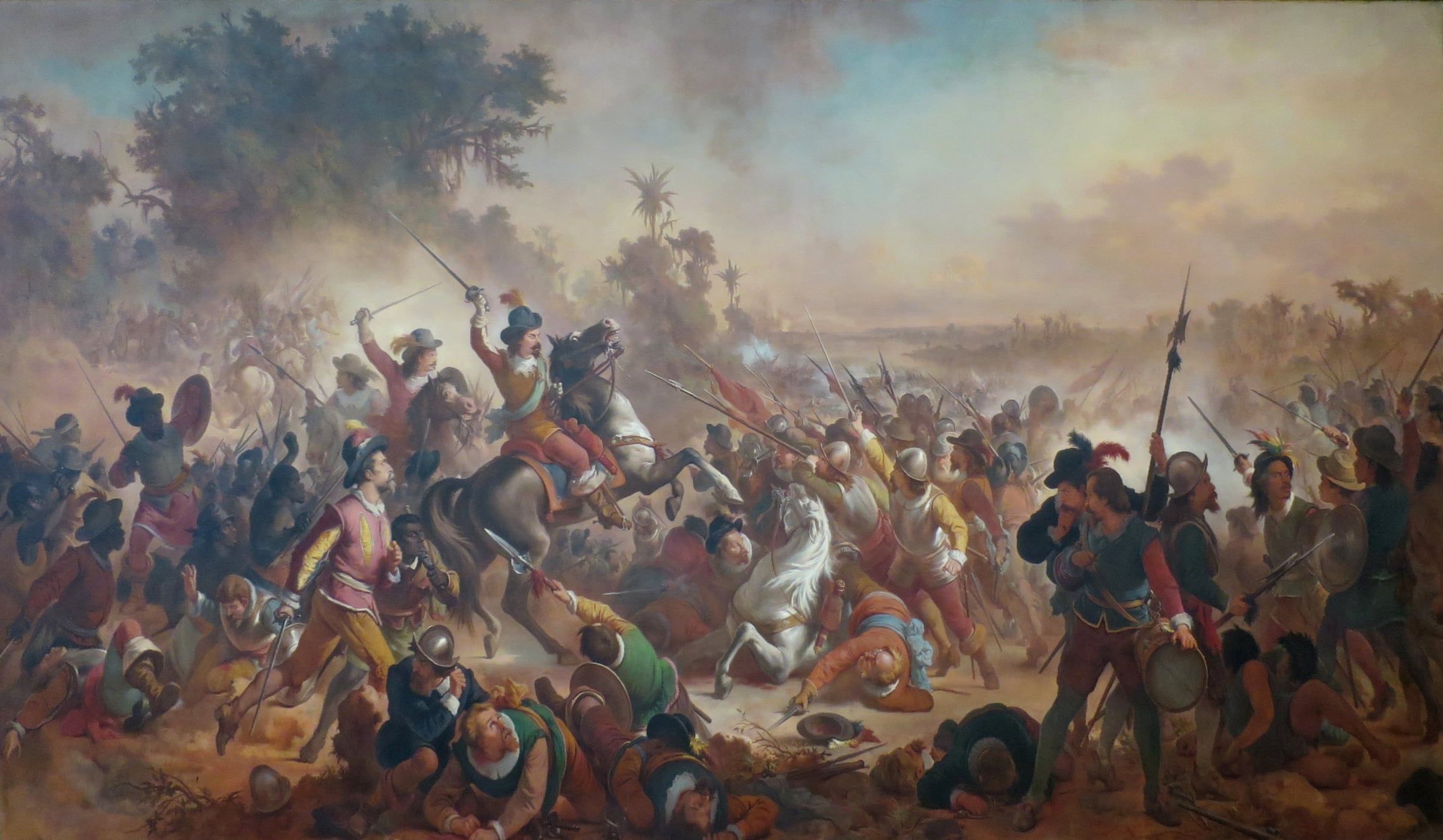 Pintura da Batalha dos Guararapes: combatentes a pé e a cavalo em meio à fumaça.