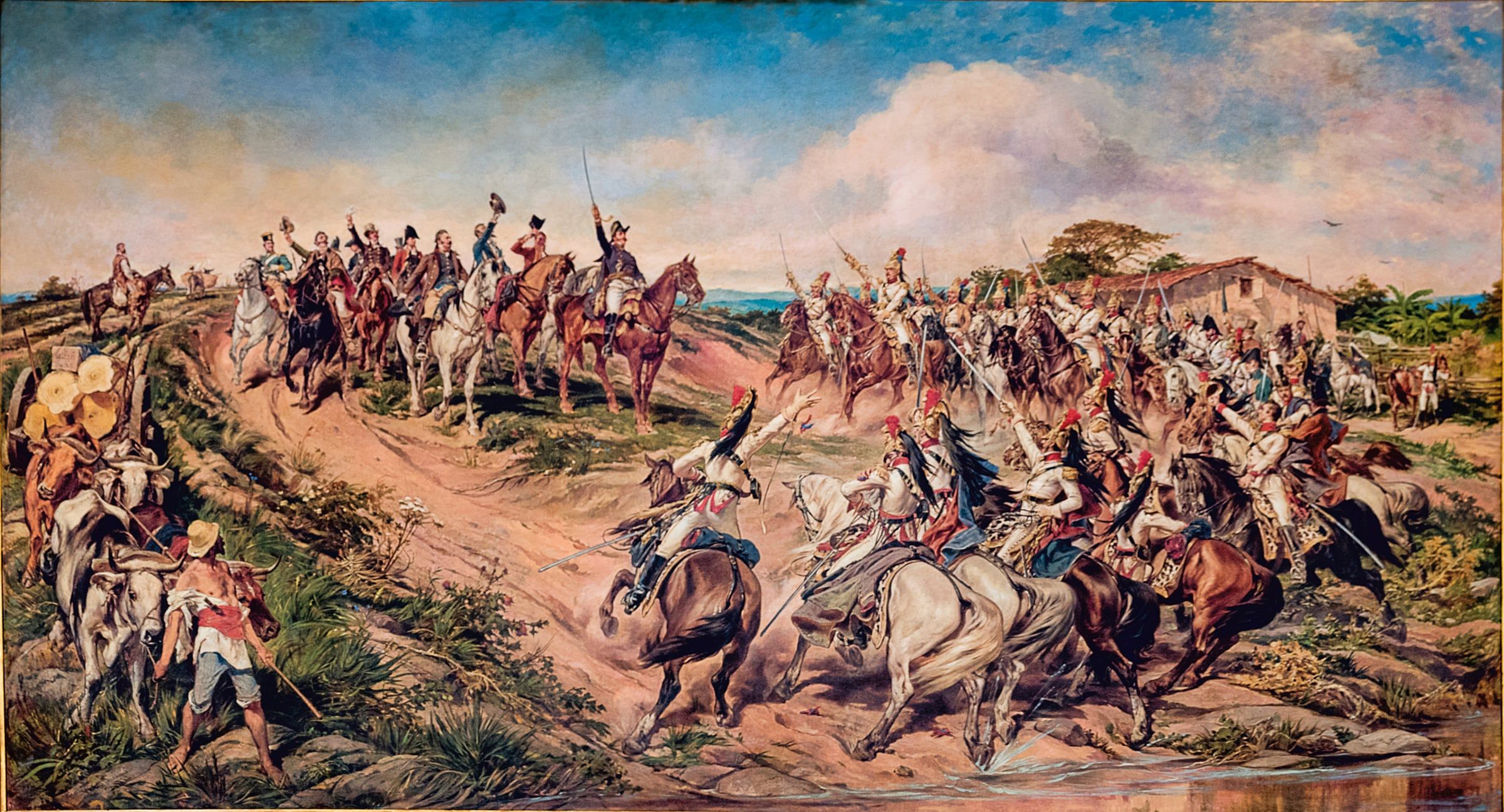 Pintura do Grito do Ipiranga: Dom Pedro a cavalo ergue a espada cercado pela guarda.