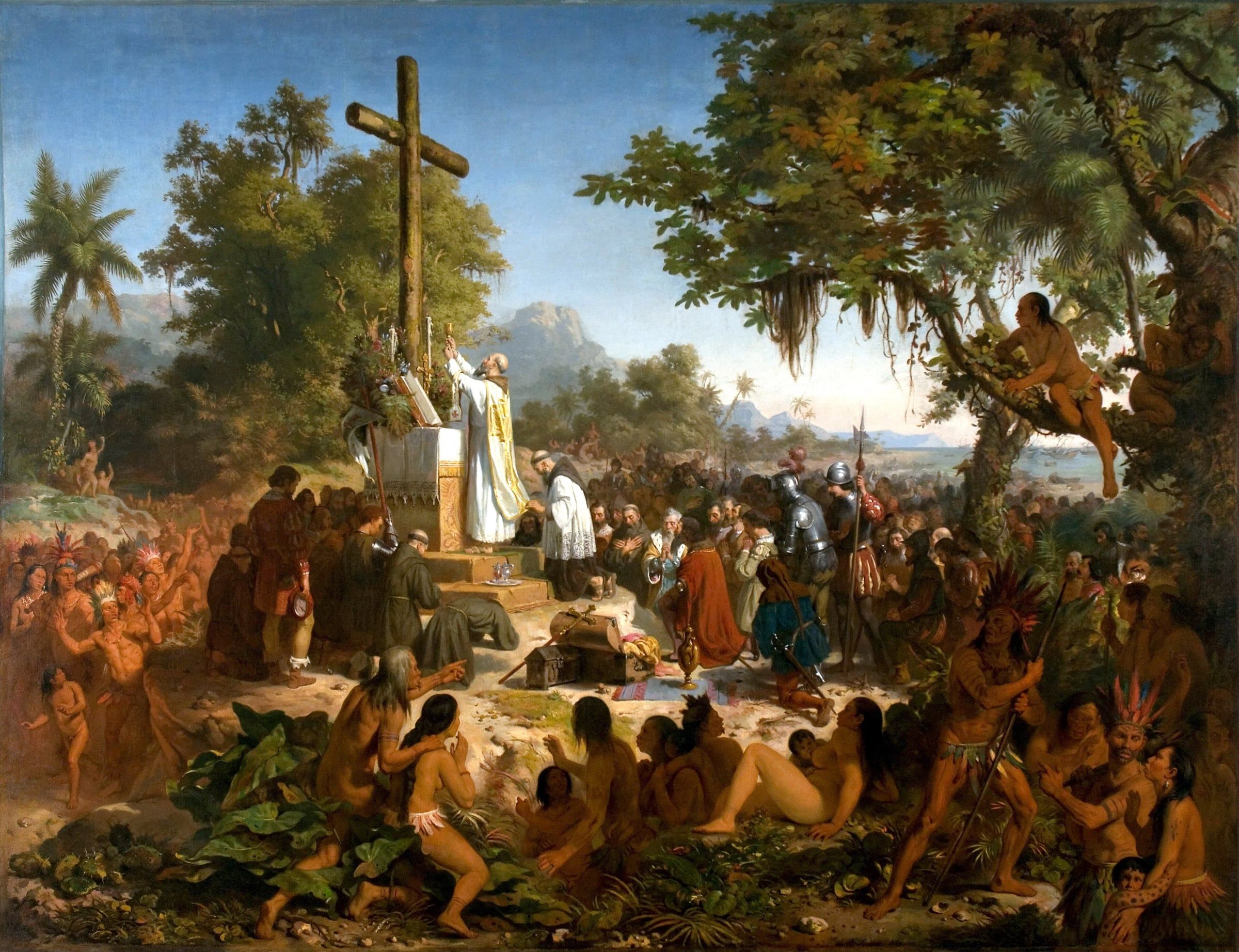 Pintura da Primeira Missa no Brasil: uma grande cruz erguida diante de portugueses e indígenas reunidos.