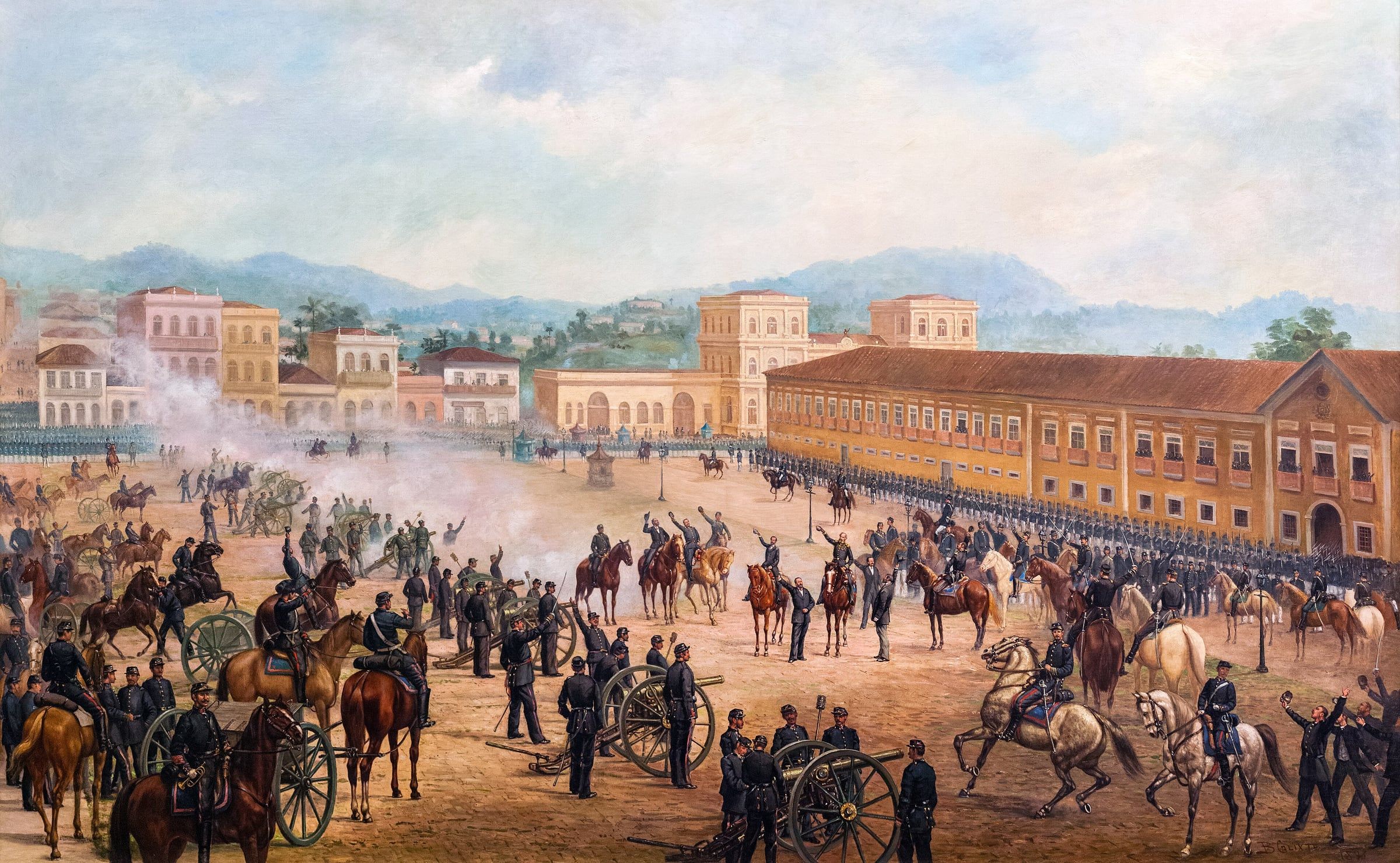 Pintura da Proclamação da República: tropas enfileiradas em praça diante de edifícios do Rio de Janeiro.